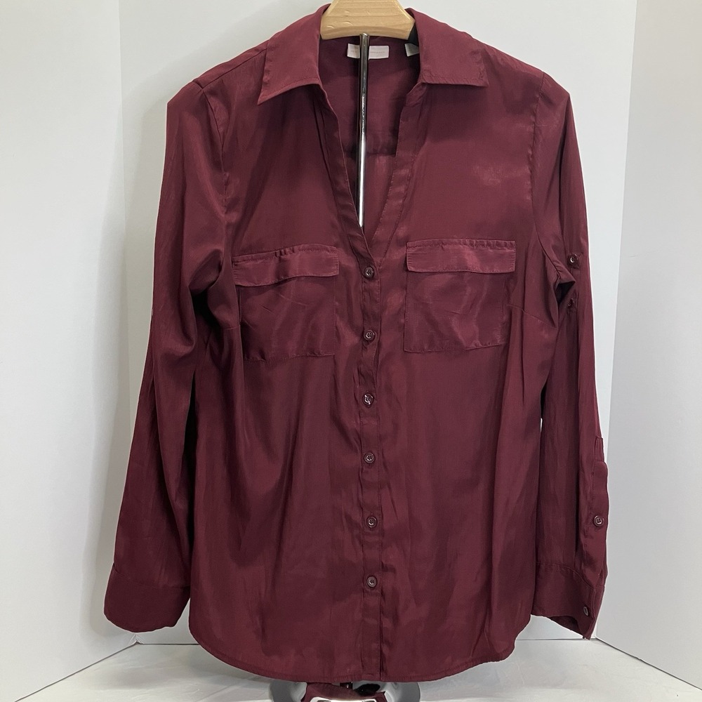 New York & Company Womens Burgundy Button Dn Roll Tab Long Sleeve Shiny Shirt M